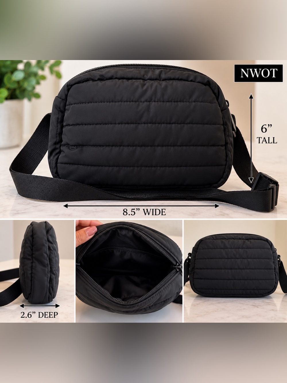 NWOT Black Quilted Crossbody Bag Adjustable Strap Lightweight Purse